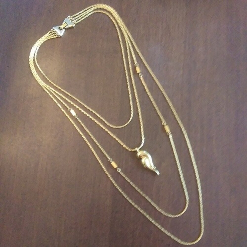Vintage Monet 4-Strand Layered Gold Tone Necklace Horn Pendant